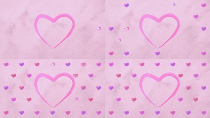 水彩紫丁香粉色紫色心形出现在纸盒纸上，就像艺术家的绘画一样。情人节或婚礼的心形动画。可循环。