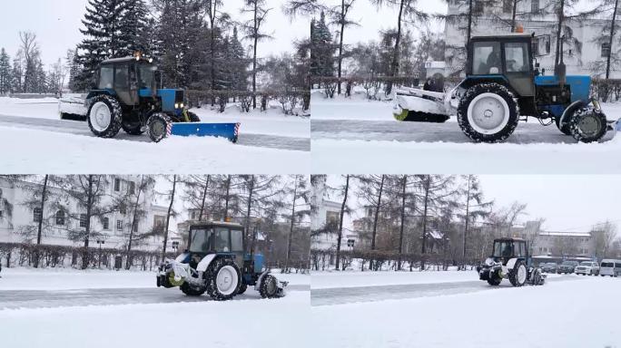 小蓝雪犁清除伊尔库茨克街头积雪