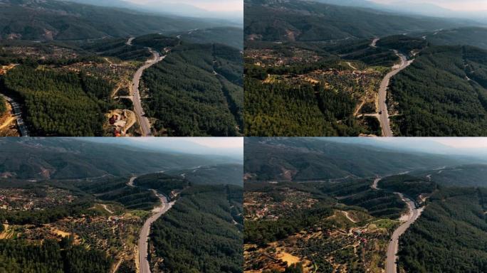 在山林中飞越蜿蜒的道路