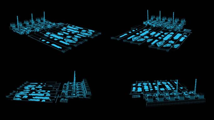 蓝色线框全息科技投影化工厂发电厂通道