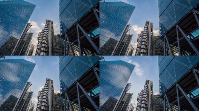 伦敦金融区的摩天大楼，白天云和蓝天- 4k延时拍摄