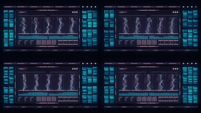 未来的抽象HUD控制面板镜头突出显示了一个动态界面，该界面集成了编程代码，抽象数据显示，线性连接和可