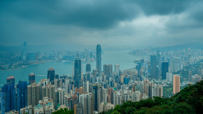 香港全景暴风雨雾延时