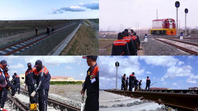 一群工人在修建铁路 一辆动车在铁轨上行驶 三个工人在隧道里排查工作