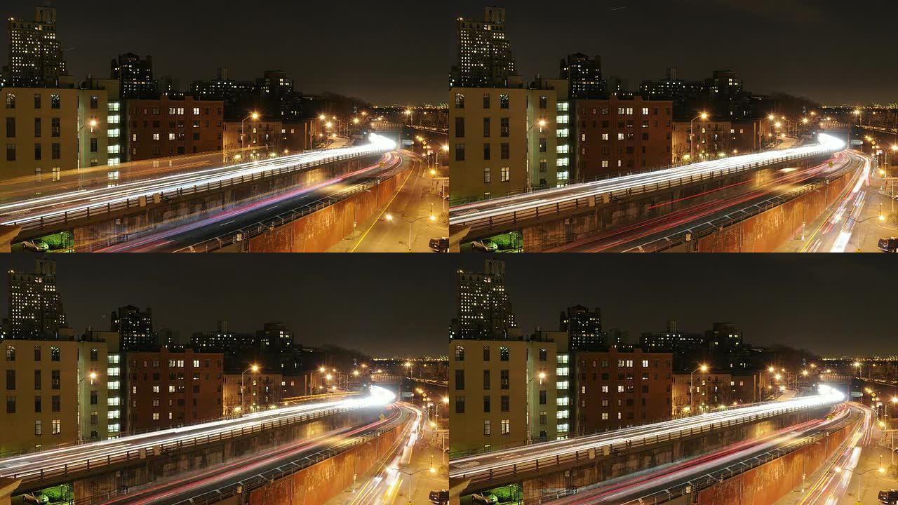 纽约布鲁克林皇后区高速公路上的夜间交通