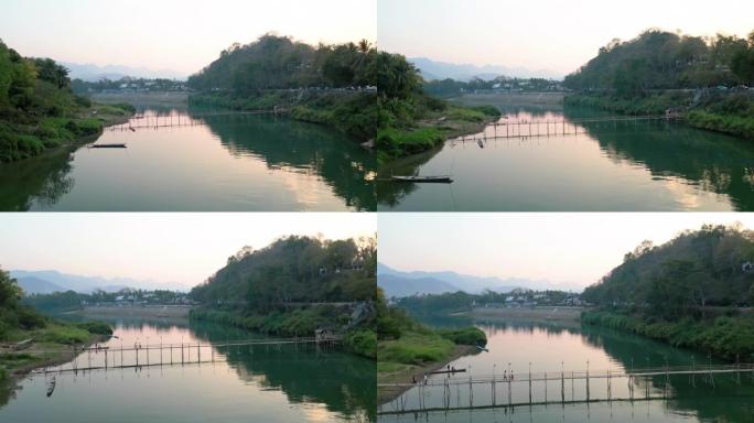 日落时湄公河大桥宁静景象的鸟瞰图