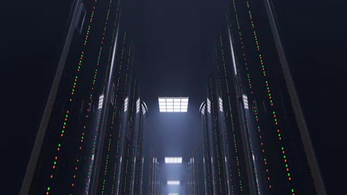 缓慢移动通过黑暗的服务器机房数据中心