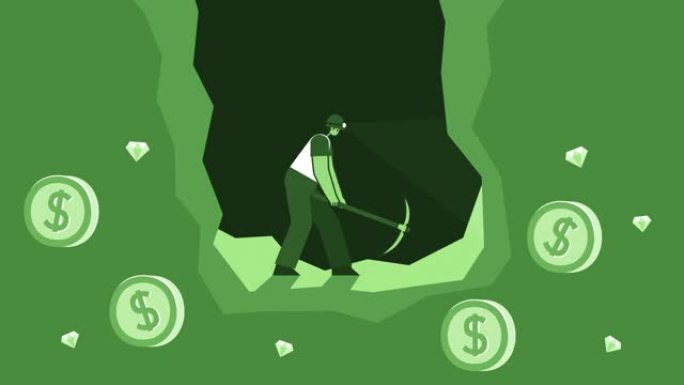 绿色风格的人平字符采矿美元硬币在洞穴中。孤立循环动画
