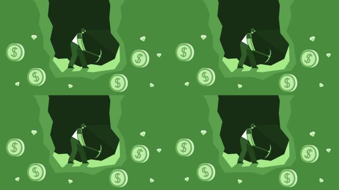 绿色风格的人平字符采矿美元硬币在洞穴中。孤立循环动画