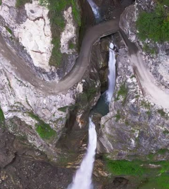 尼泊尔瀑布的垂直无人机拍摄