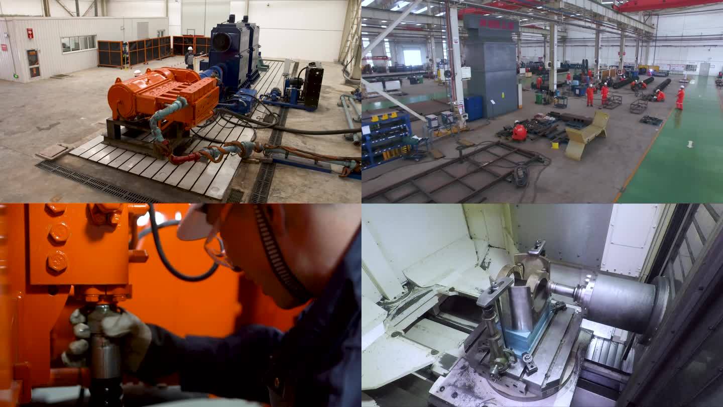 一台机械设备正在高速运转 工厂鸟瞰图 三个穿橙色衣服的工人在讨论工作方法