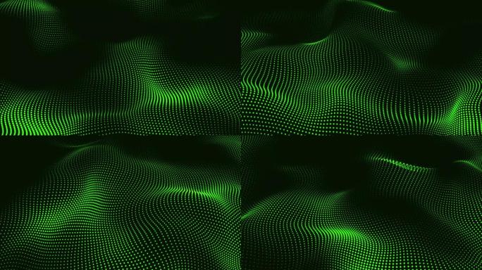 绿色背景动画网络或技术背景。抽象的trap码形成数字粒子波
