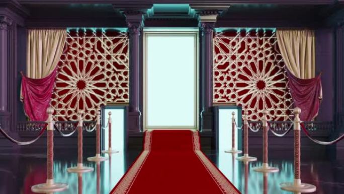 红地毯和柱子，红绳和蔓藤花纹通向闪亮的门，4k动画