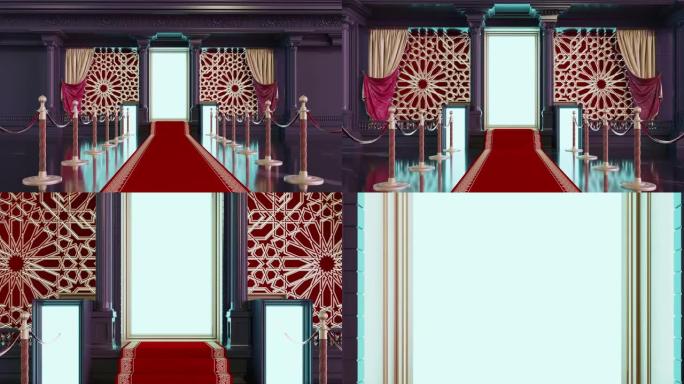 红地毯和柱子，红绳和蔓藤花纹通向闪亮的门，4k动画
