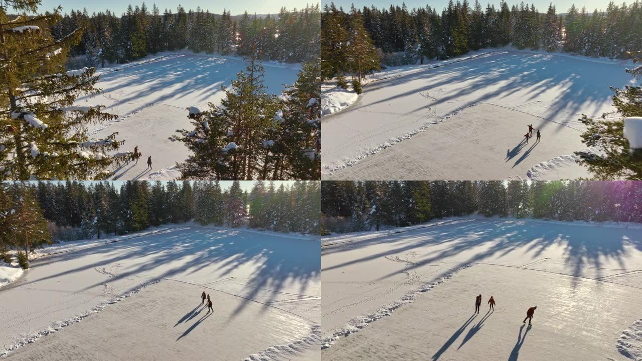 空中的人在阳光下的冰冻湖上滑冰