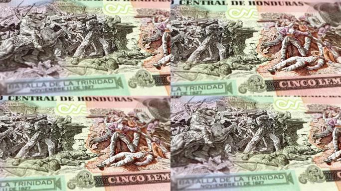 洪都拉斯伦皮拉5纸币，五洪都拉斯伦皮拉，洪都拉斯伦皮拉的特写和宏观视图，跟踪和多利镜头5洪都拉斯伦皮