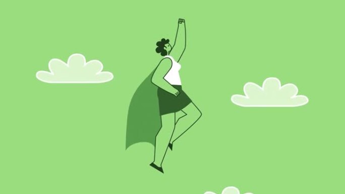 绿色风格的女人扁平角色超级英雄飞出智能手机。带有Alpha通道的孤立动画