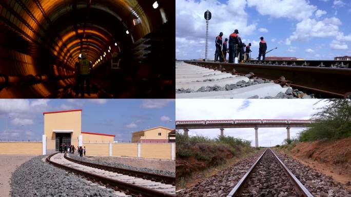 一群工人在修建铁路 一辆动车在铁轨上行驶 三个工人在隧道里排查工作
