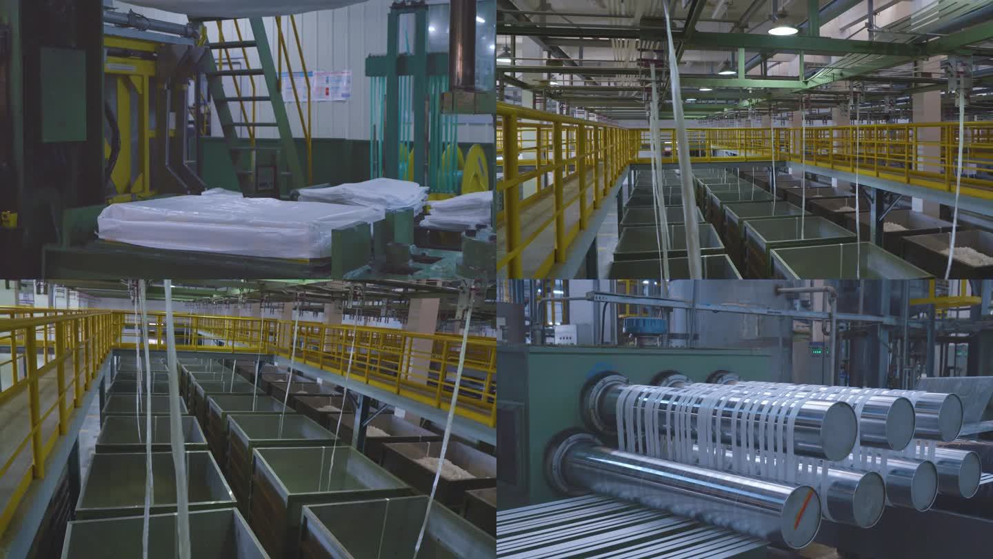 很多的白线圈在机器上 织布机运转 纺织生产线