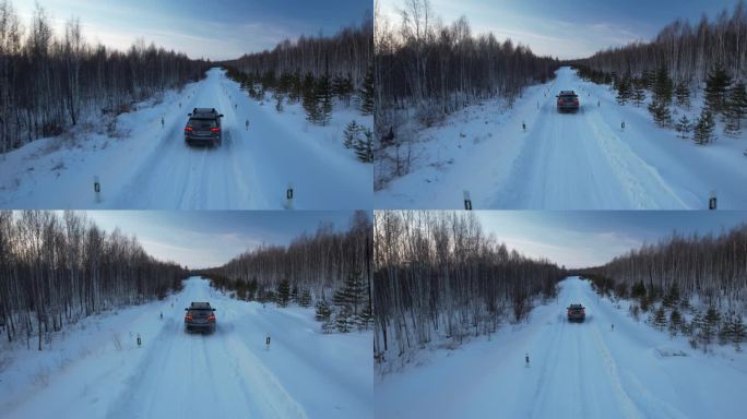 航拍黑龙江大兴安岭汽车在雪中行驶越野