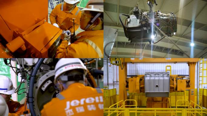 两个工人在机器前工作 一个工人在用吊车运输 一群穿橙色衣服的工人在工厂工作