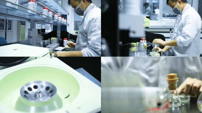 一个人在用量杯倒试剂 一个人在操作台前做实验 实验室操作