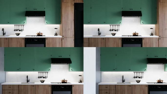 带有白色工作面和厨房用具的绿色厨房的3d动画。厨房特写。