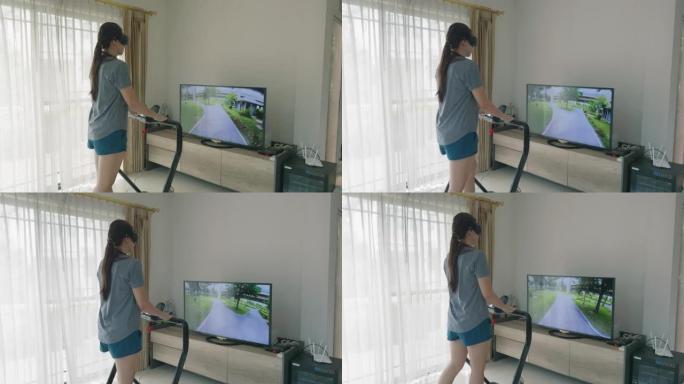 VR眼镜Metaverse在跑步机上跑步的女人。未来体育锻炼在线课堂健身房在家与虚拟现实体验。