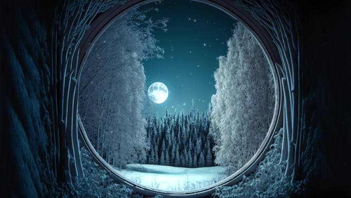窗户 雪 雪花 森林 月亮 背景 墙纸