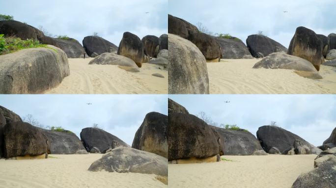 阴天多云海边沙滩巨石 海滩岩石礁石