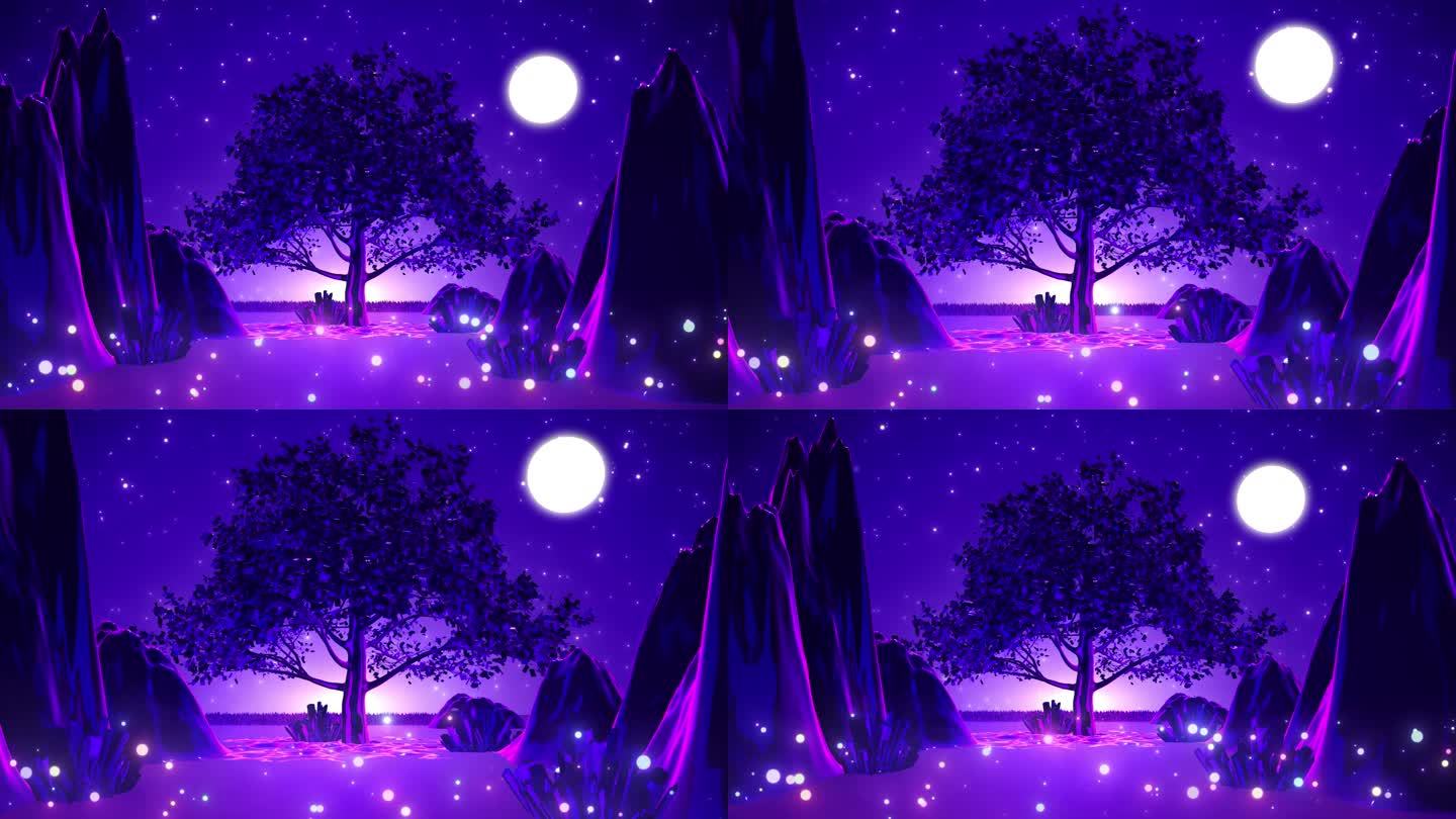 山、树、月光、粒子梦幻唯美紫色动态背景