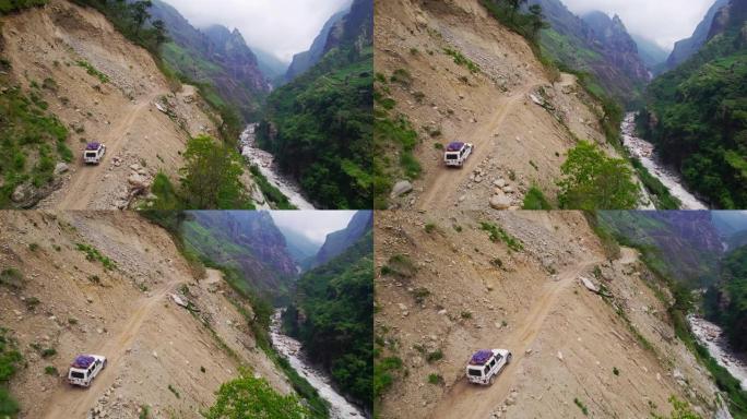 空中越野车在尼泊尔的一条危险的土路上行驶。卡利甘达基峡谷