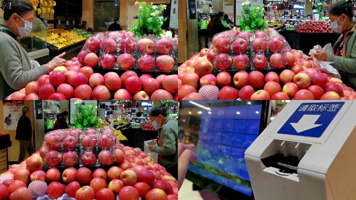 一位老奶奶在超市买苹果-排队称重