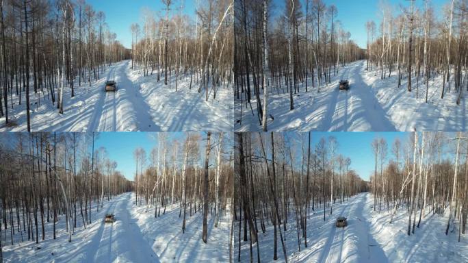 黑龙江大兴安岭北极岛汽车在雪中森林越野