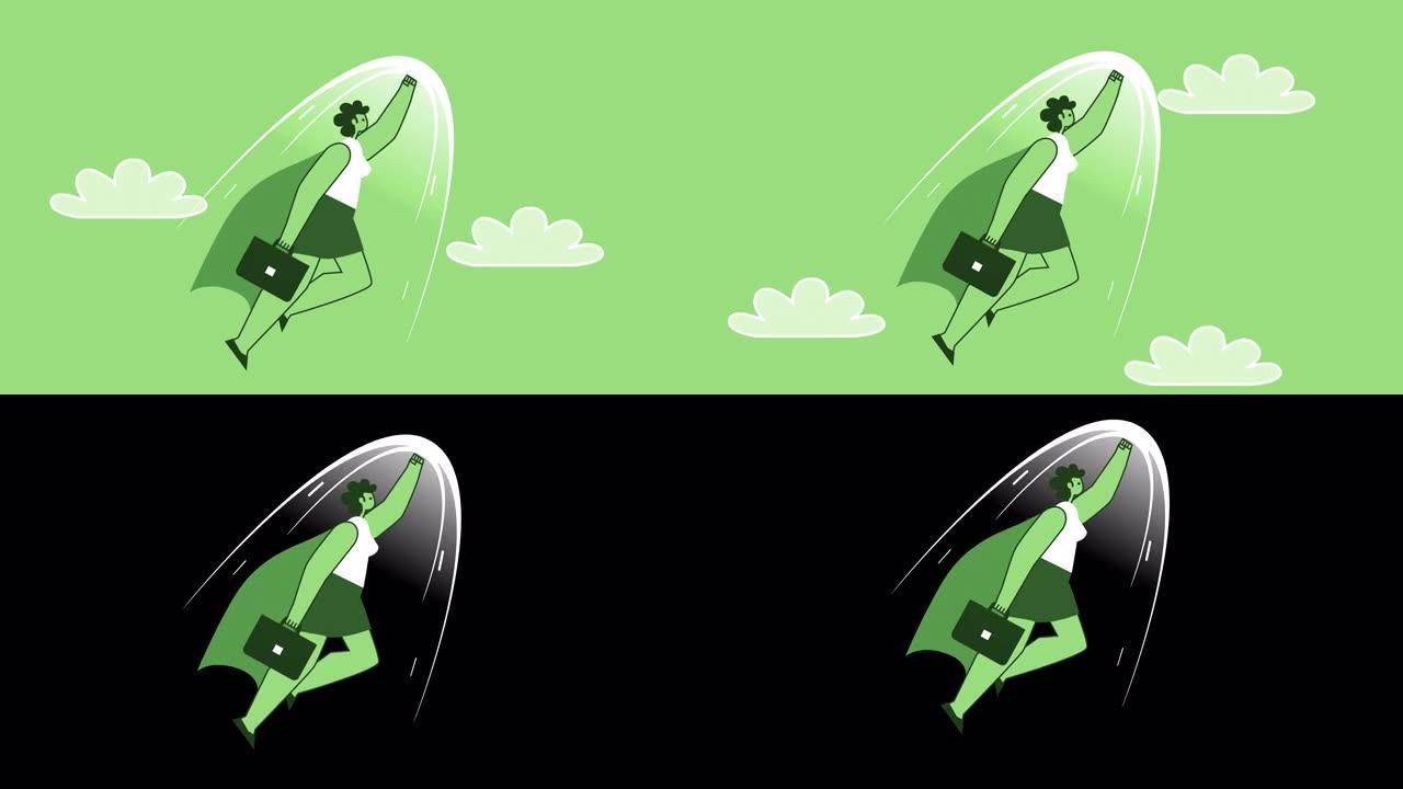 绿色风格的女人扁平角色超级英雄速度飞起来。带有Alpha通道的孤立动画