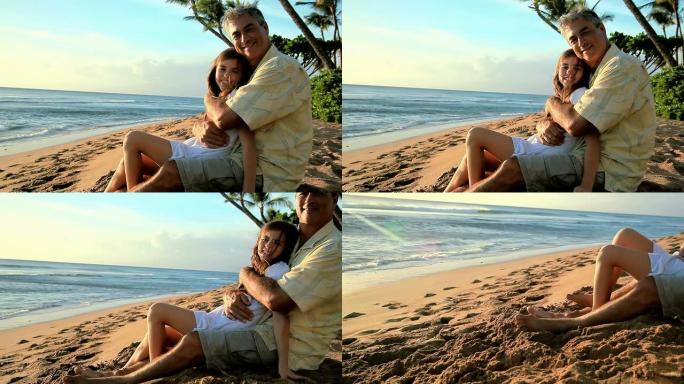 女儿和父亲在海滩上。