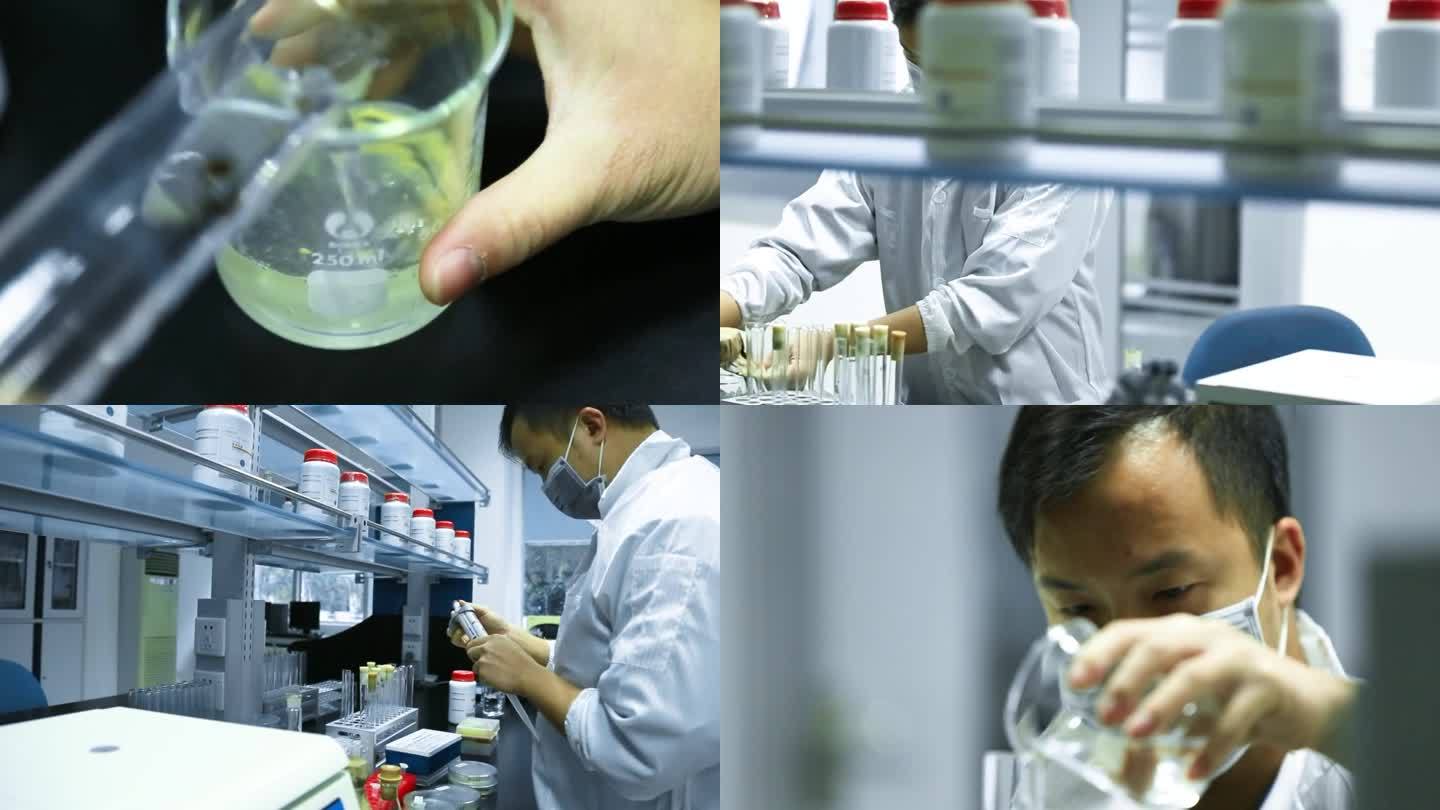 一个人在用量杯倒试剂 一个人在操作台前做实验 实验室操作