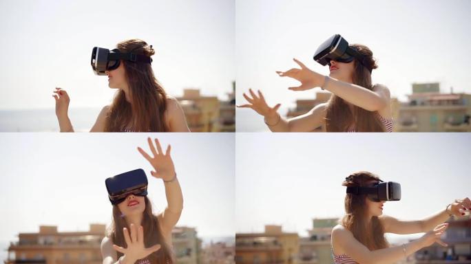 戴VR眼镜享受虚拟世界的女孩肖像。特写。未来就是现在。谷歌纸板。美丽的年轻女子在虚拟现实眼镜玩游戏。