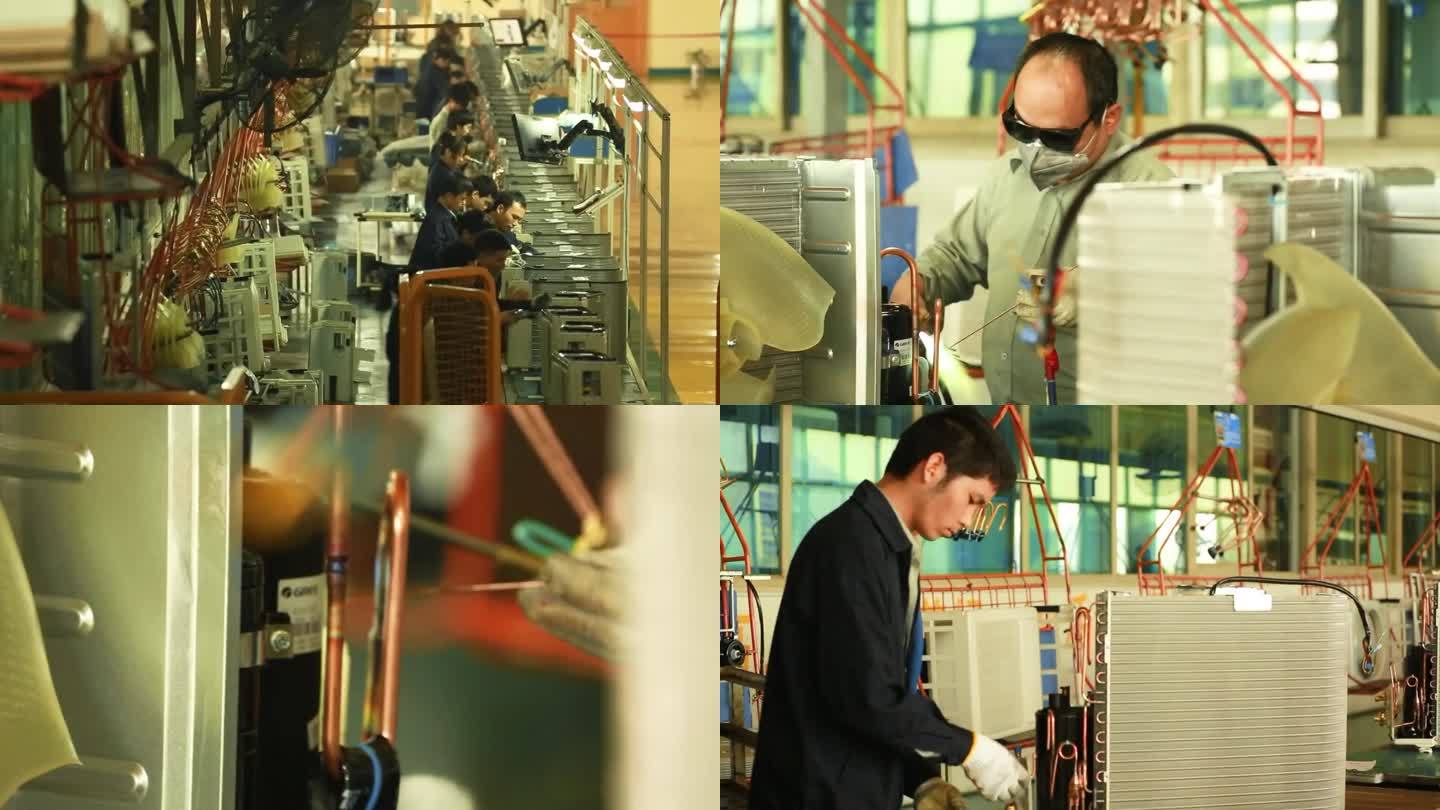 一个工人在焊接零件 工厂鸟瞰图 一个工人在加固零件