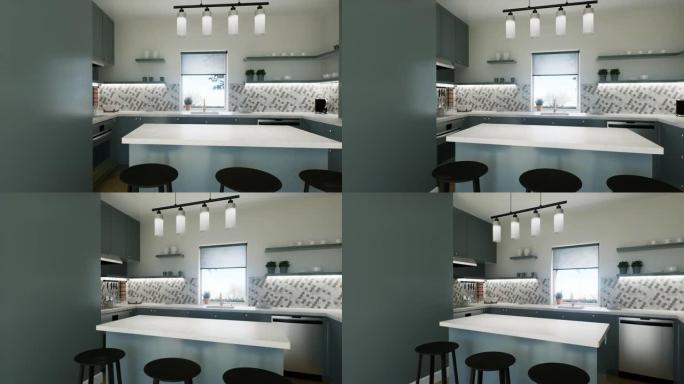 带岛的绿色厨房。带有高橱柜和厨房用具的厨房的3D渲染。3d动画