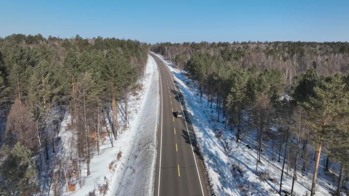 原创 黑龙江大兴安岭雪原森林公路航拍景观