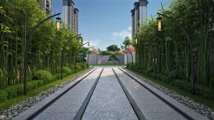 新中式长廊景观漫游镜头