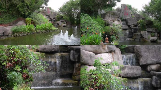 4k公园假山假石喷泉实拍素材