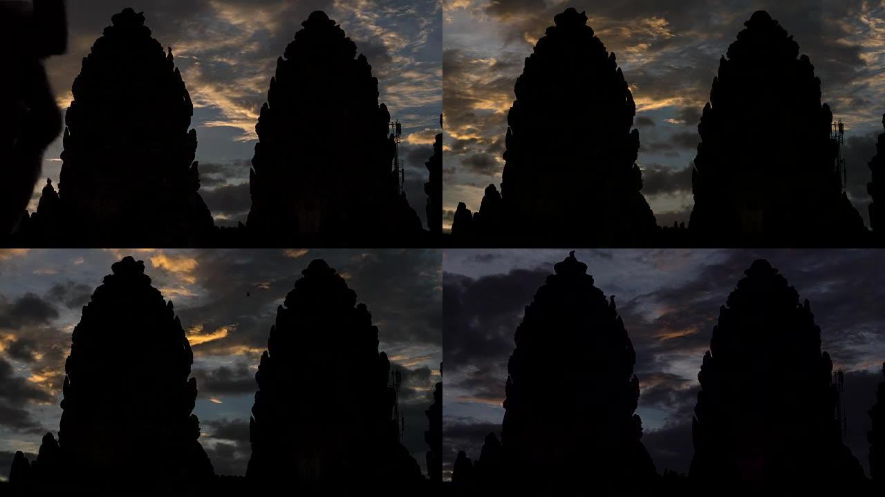 延时云天在Phra prang Sam Yot上空移动。一个古老的历史景点，也是华富里省最重要的考古
