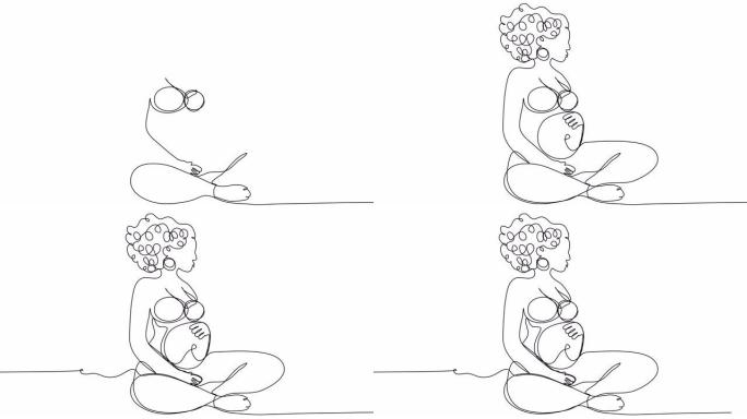 在白屏上以一条线在莲花位置自画孕妇。