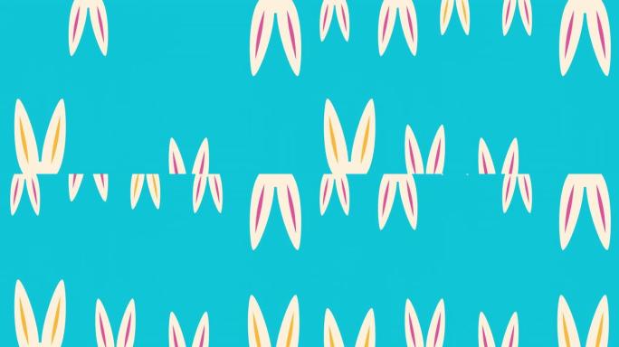 蓝色背景上的动画兔子耳朵。节日复活节动画。T 4k分辨率搞笑兔子动画，带复制空间