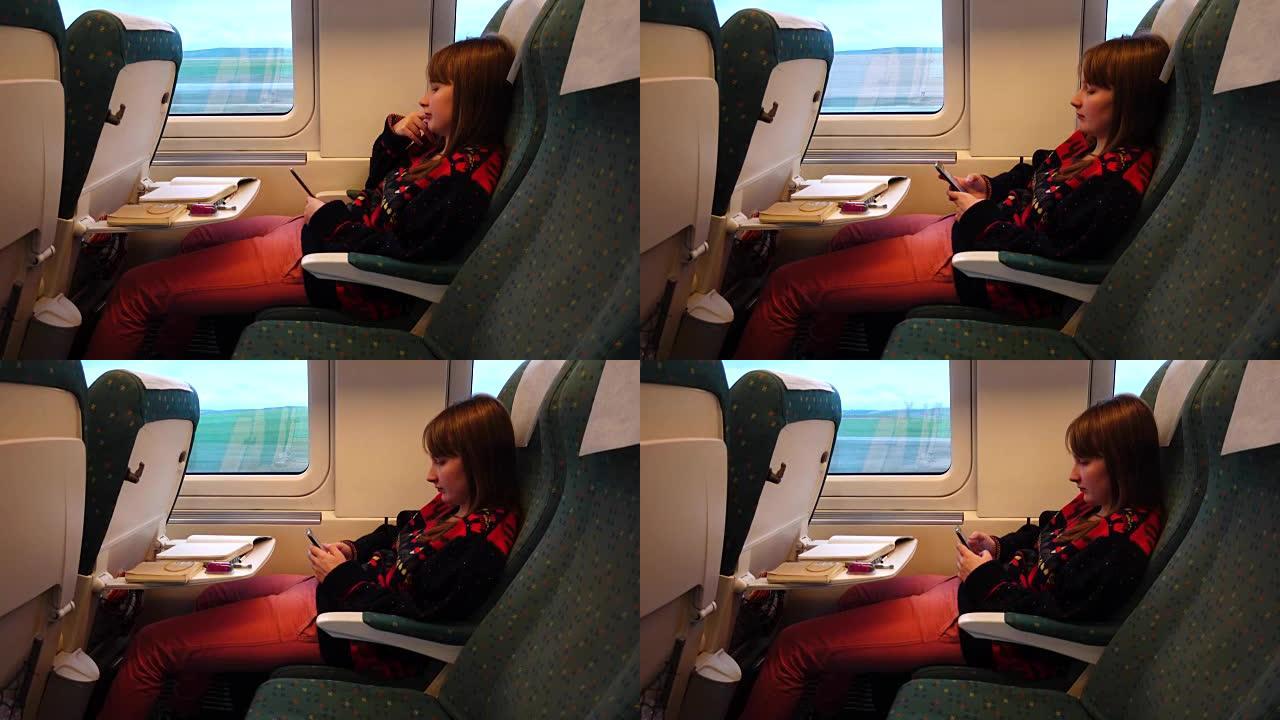 高速列车铁路车厢里的女孩。