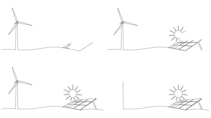 太阳能和风能概念的动画连续单线图