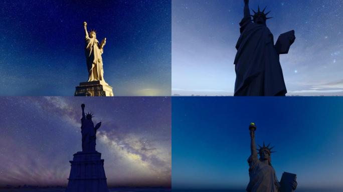 美国纽约自由女神夜景航拍