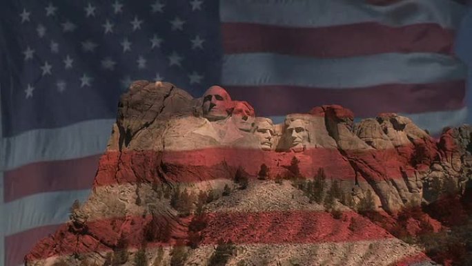 透明的美国国旗飘扬在拉什莫尔山上